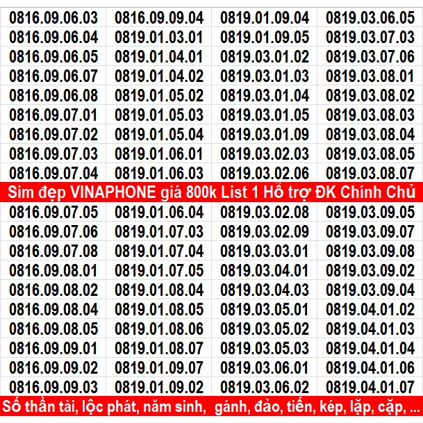 Sim Đẹp Năm Sinh VINA ĐỒNG GIÁ 800k File 1 HỖ TRỢ ĐĂNG KÝ CHÍNH CHỦ MIỄN PHÍ NHIỀU GÓI KM CỦA MẠNG VINA