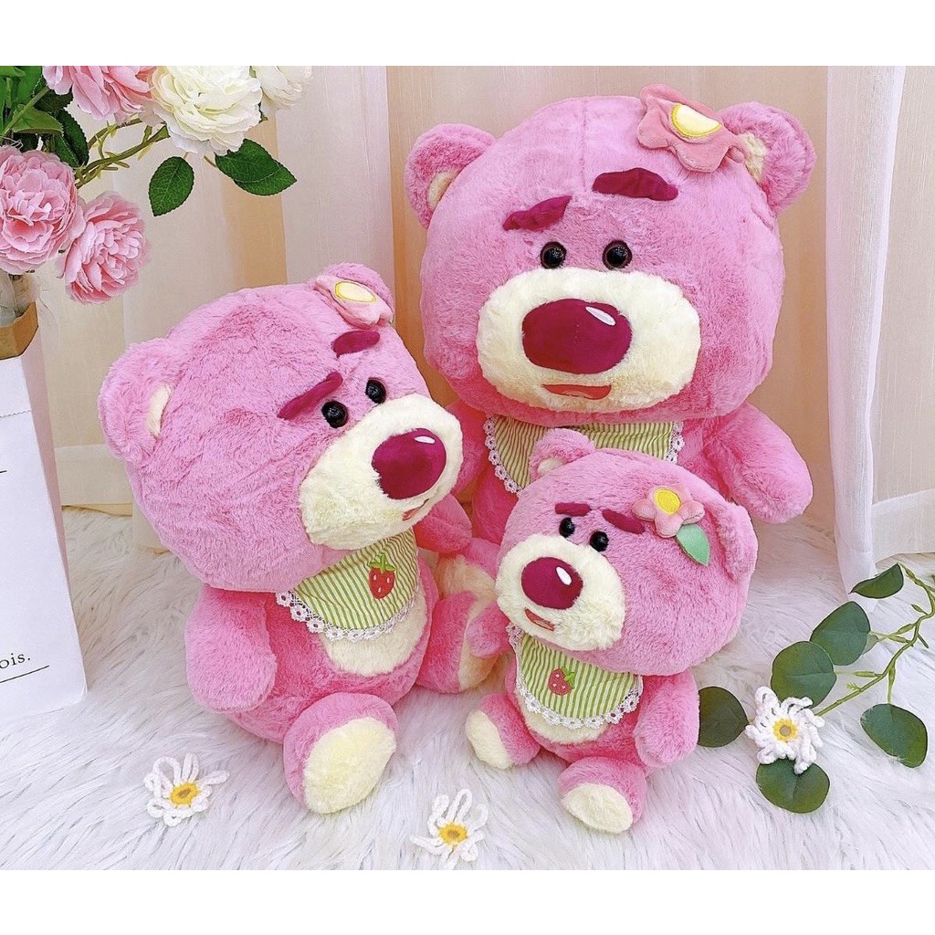Gấu Bông Lotso Huggin Bear Gấu Dâu Khăn Yếm Lông Xù Đứng Cao Cấp Quà Tặng Dễ Thương