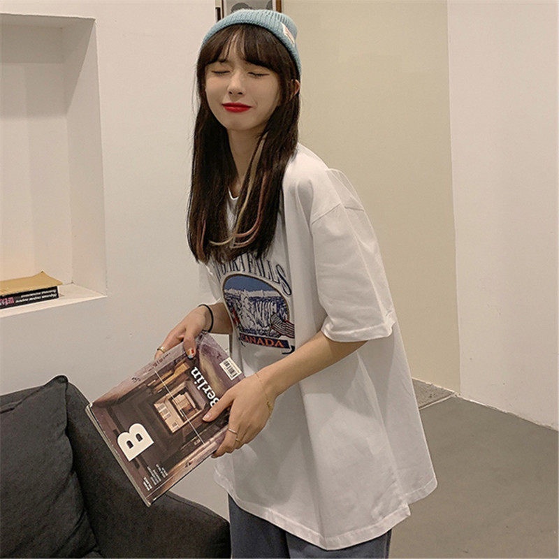 Áo Thun Tay Ngắn Cổ Tròn Dáng Rộng In Hình Cá Tính Phong Cách Retro Hàn Quốc