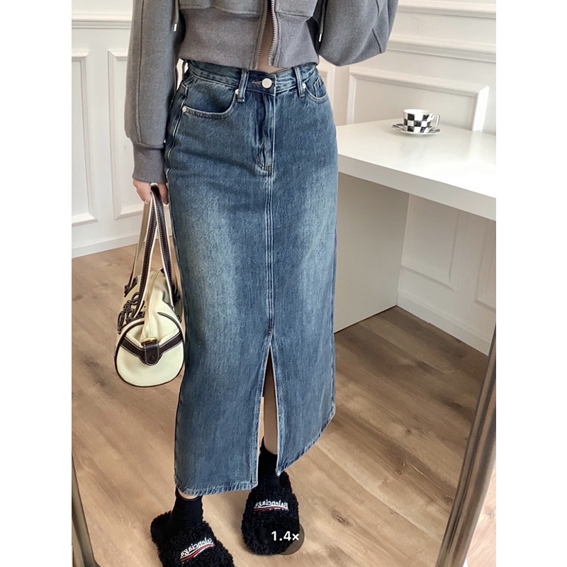 Chân Váy Denim Xẻ Tà Phong Cách Retro Thời Trang Mùa Hè 50408
