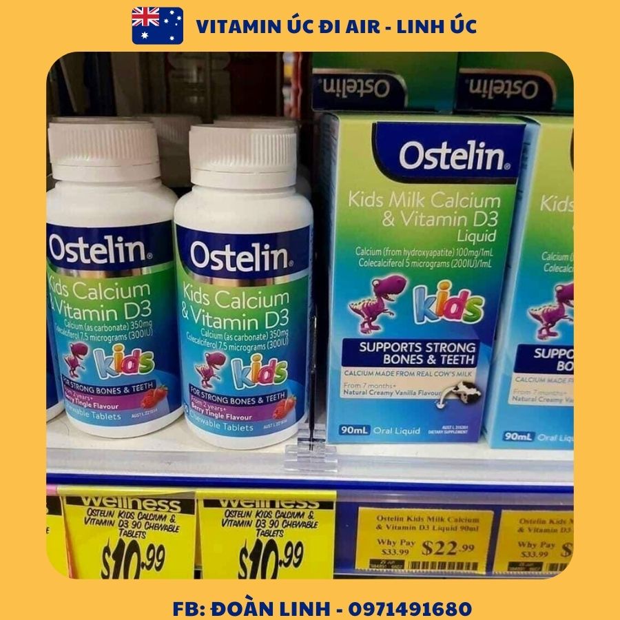 Canxi khủng long cho bé Ostelin Kids Milk Calcium & D3 , Hàng chuẩn úc, Cho Trẻ Từ 7 Tháng Tuổi