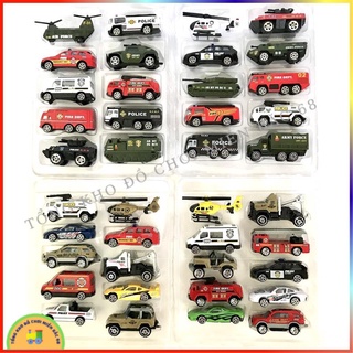 Đồ chơi Hộp 10 xe ô tô sắt quân sự cứu hỏa, cảnh sát, máy bay, xe tăng siêu bền cho các bé trai TKMB68
