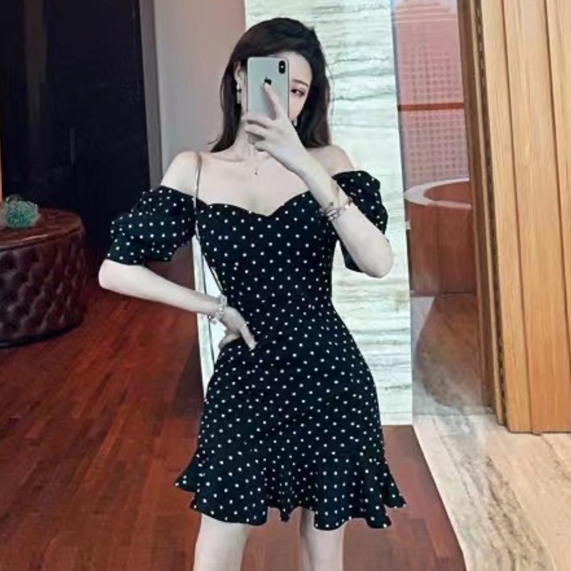 Đầm ôm dáng PERTY họa tiết chấm bi cổ điển phong cách Hàn Quốc cho nữ