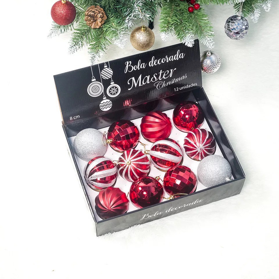 QUẢ CHÂU TRANG TRÍ 4 MÀU - CHÂU NOEL - TRÁI CHÂU HỘP 12 TRÁI - CHÂU 8CM MÀU XANH - CHÂU HOA VĂN - CHÂU KIM TUYẾN
