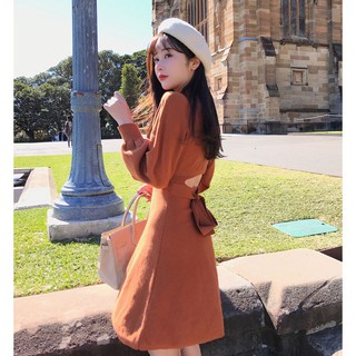 (Order-M) Ulzzang Váy len ngắn dáng xòe hở lưng thắt nơ M0110