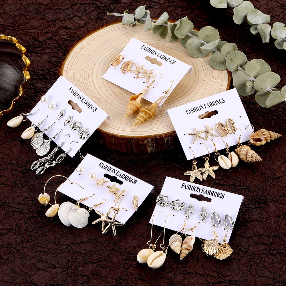 Bộ Khuyên Tai Thả Vỏ Sò Màu Vàng/Bạc Phong Cách Bohemian Thời Trang Đi Biển Cho Nữ
