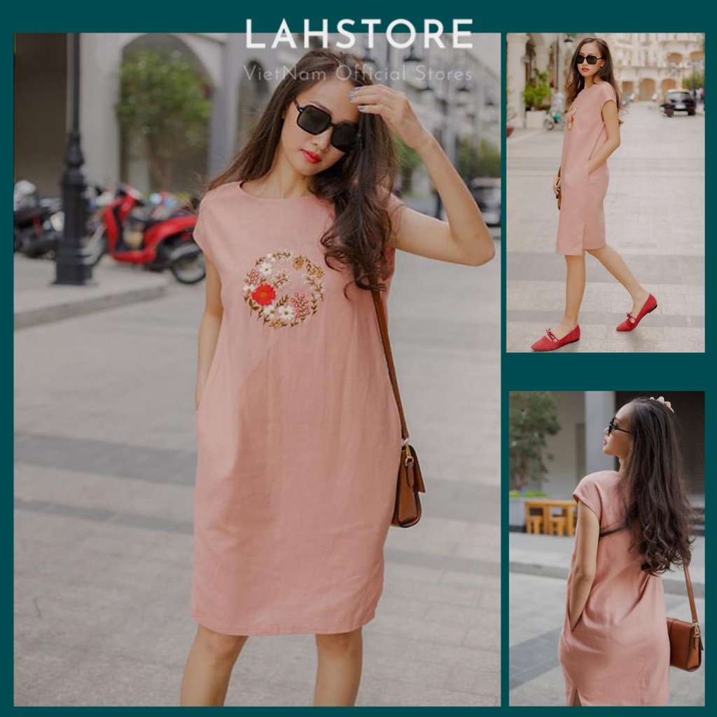 Đầm Linen Suông LAHSTORE Tay Hến Ngực Thêu Hoa DSL06 (Hồng Da)