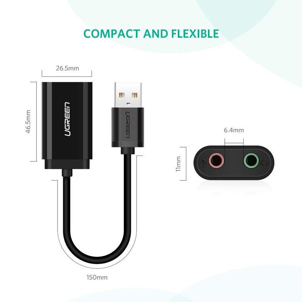 Cáp chuyển USB ra Sound UGREEN 30724 (jack 3.5mm Headphone và Microphone) Màu đen_hàng chính hãng