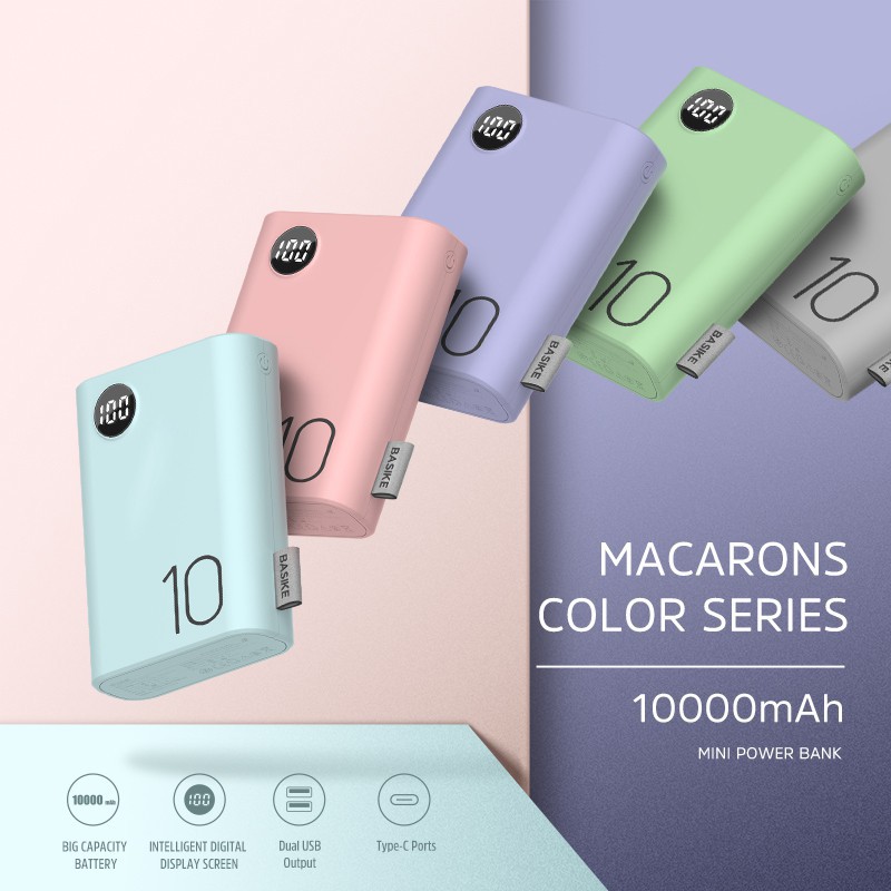 Basike Macaron màu 10000mAh pin dự phòng LED hiển thị nguồn với cáp sạc siêu nhỏ BS