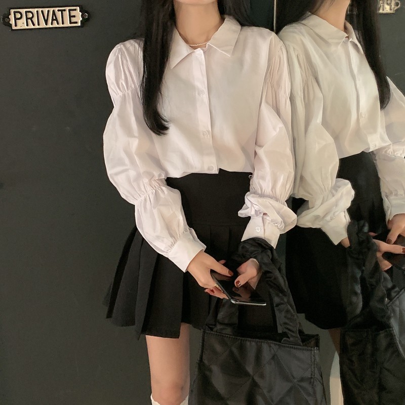 Kumivn order set 2 món áo sơ mi và chân váy xếp ly đen trắng ulzzang Hàn Quốc