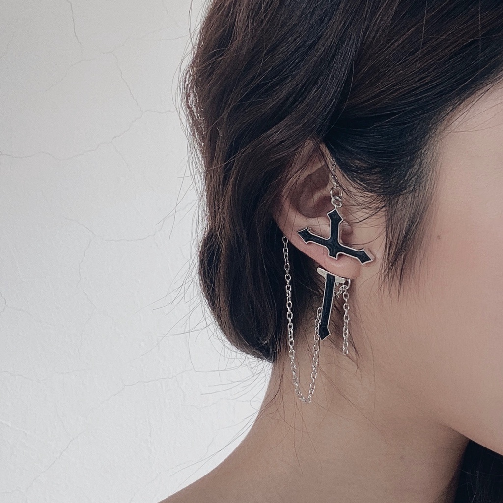 Bông tai dài hình thánh giá màu đen phong cách vintage độc đáo cho nữ