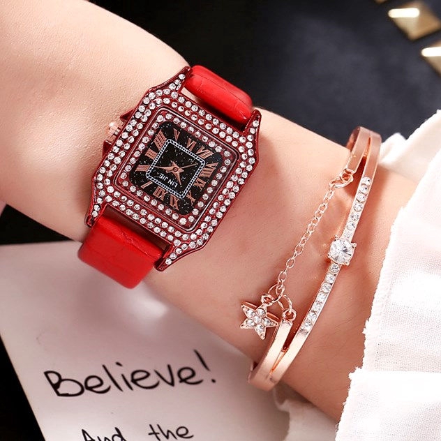 Đồng Hồ Thạch Anh Mặt Vuông Đính Đá Dây Da Dành Cho Nữ