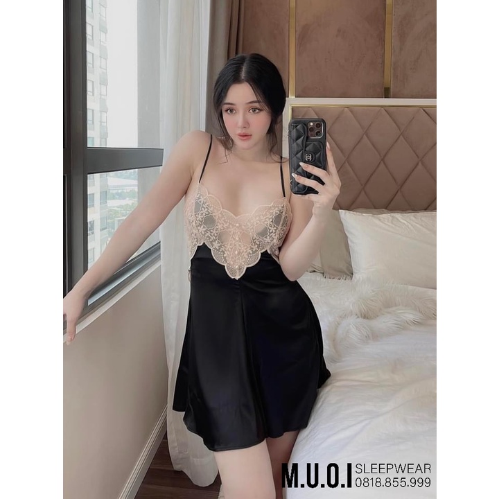 Váy ngủ sexy QUẢNG CHÂU-SX 107-Váy ngủ lụa phối ren hoa ngực sexy hot hit QUẢNG CHÂU - hàng có sẵn