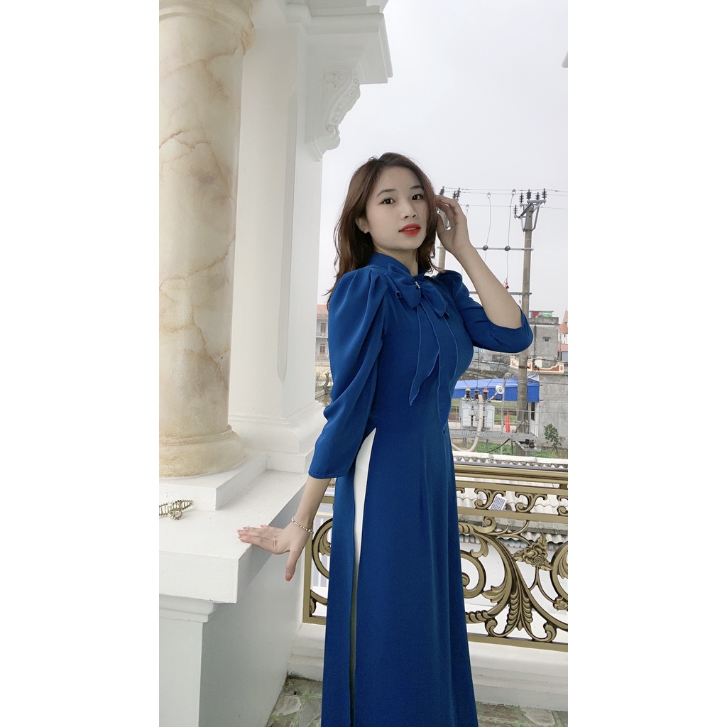 Áo Dài Lụa 2 Tà  Thiết Kết May Sẵn Nơ Cổ, Áo Dài Truyền Thống May Sẵn