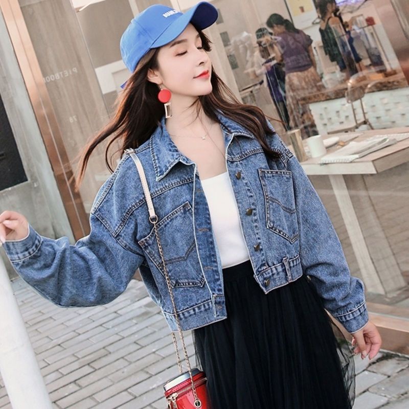 Áo Khoác Jean Ngắn Dáng Rộng Phong Cách Cao Bồi Hàn Quốc Thời Trang Xuân Thu Mới Cho Nữ