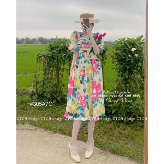 Đầm Hoa Nhí ,Váy Xòe Hoa Xếp Ly Ngực Tay Phồng Xinh Cho Nữ Chụp Hình Sống Ảo Vải Lụa QC Mịn Mát