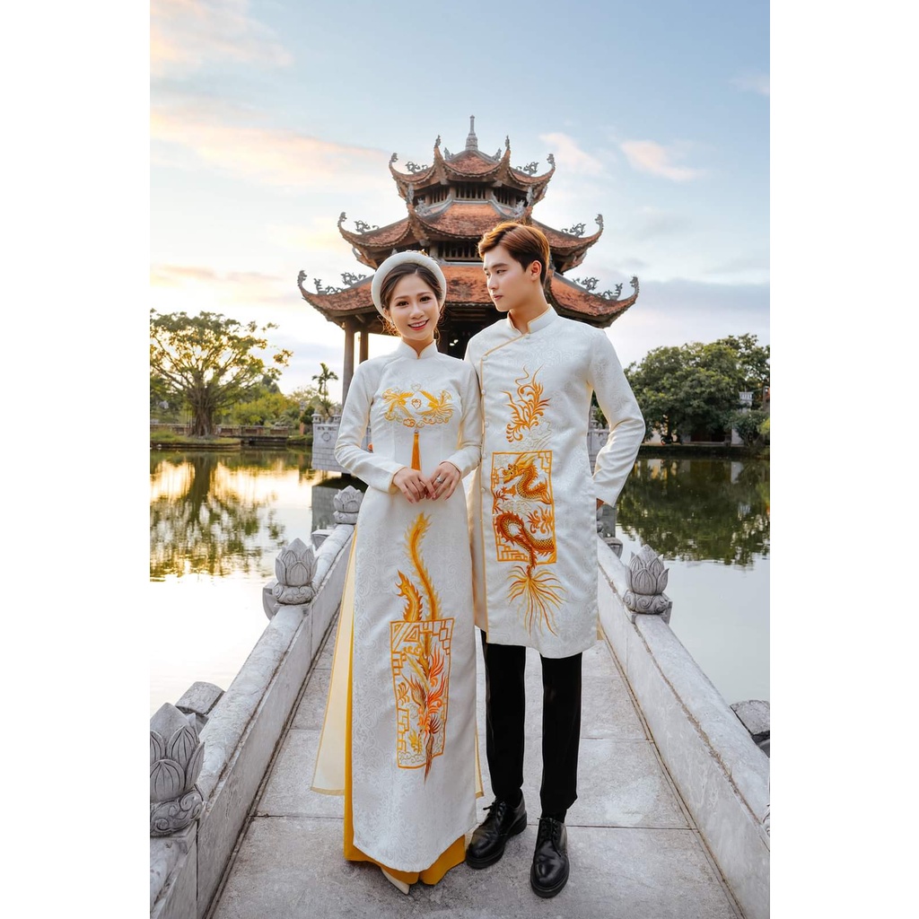 ÁO DÀI CƯỚI CẶP ĐÔI NAM NỮ THÊU RỒNG PHƯỢNG MÀU TRẮNG, ÁO DÀI CƯỚI TRUYỀN THỐNG