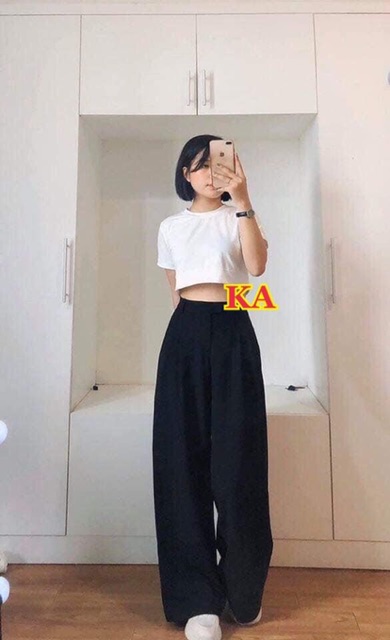 Quần ống rộng dài có cúc và khoá