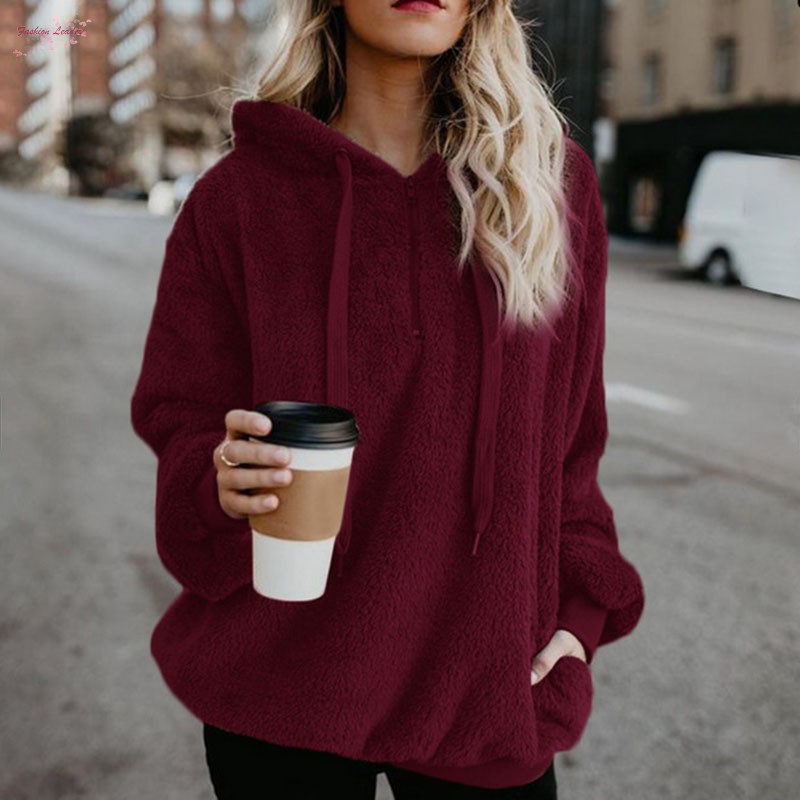 Women Autumn Winter Solid Long Sleeve Sweatshirt Plush Fluffy Hooded Pullover Plus Size 5XL