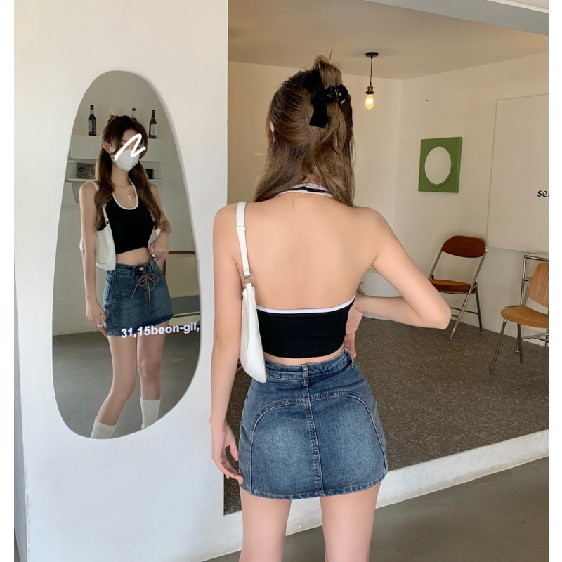 Chân Váy Denim Lưng Cao Thiết Kế Cột Dây Hợp Thời Trang