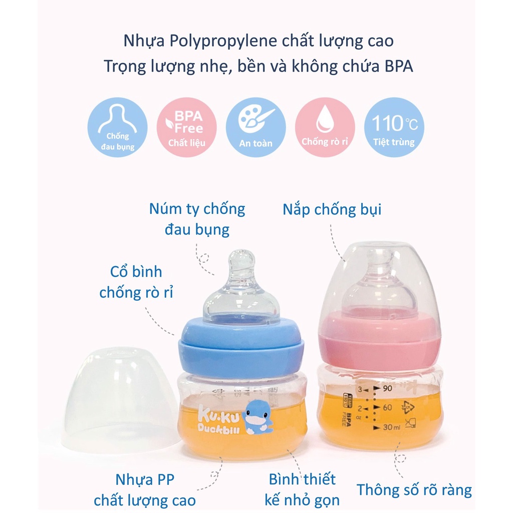 Bình sữa cổ rộng nhựa PP cao cấp 90ml KUKU KU5934 cho bé sơ sinh chống đau bụng, không chứa BPA