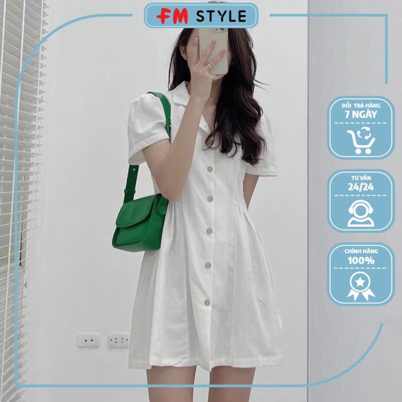 Váy babydoll dáng dài tay bồng fmstyle, Váy sơ mi dáng dài cổ vest bo eo xếp ly | Fmstyle Shop 20426