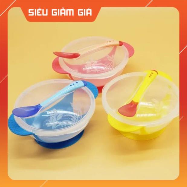 Bát ( chén) ăn dặm giá đỡ chân không chống đổ kèm muỗng báo nhiệt