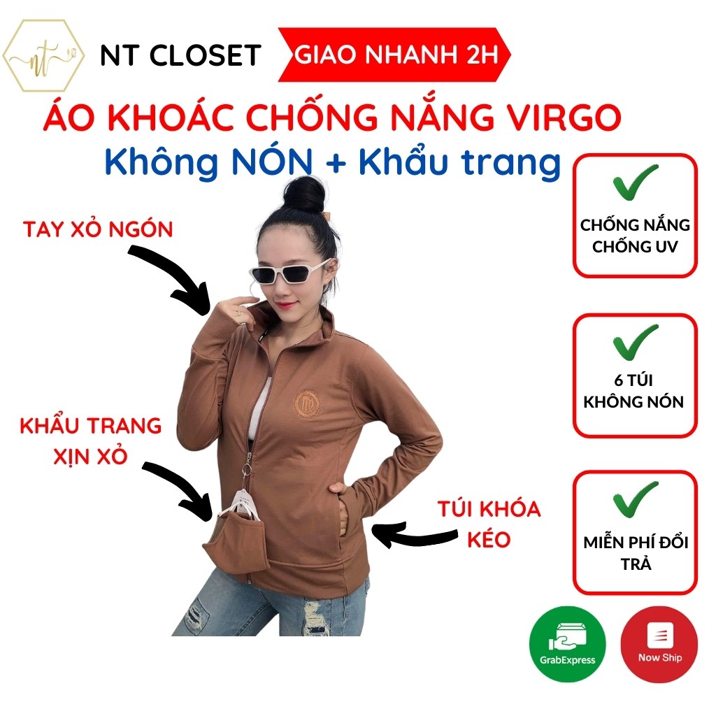 Áo khoác nữ chống nắng không nón VIRGO cao cấp, 6 túi, coton da cá + Kèm Khẩu trang cùng màu áo - Ảnh thật 100%