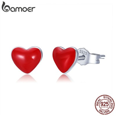 Bamoer Bông Tai Bạc 925 Hình Trái Tim Đỏ Xinh Xắn