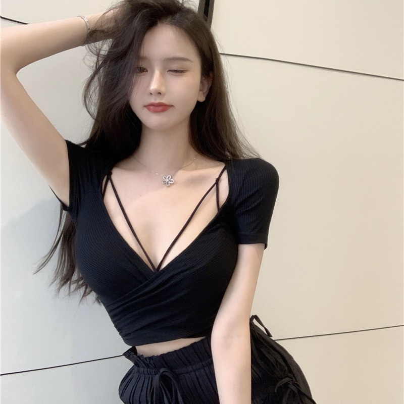 Áo croptop tay ngắn HAGA áo cộc tay đan dây trước ngực DTDNCT38