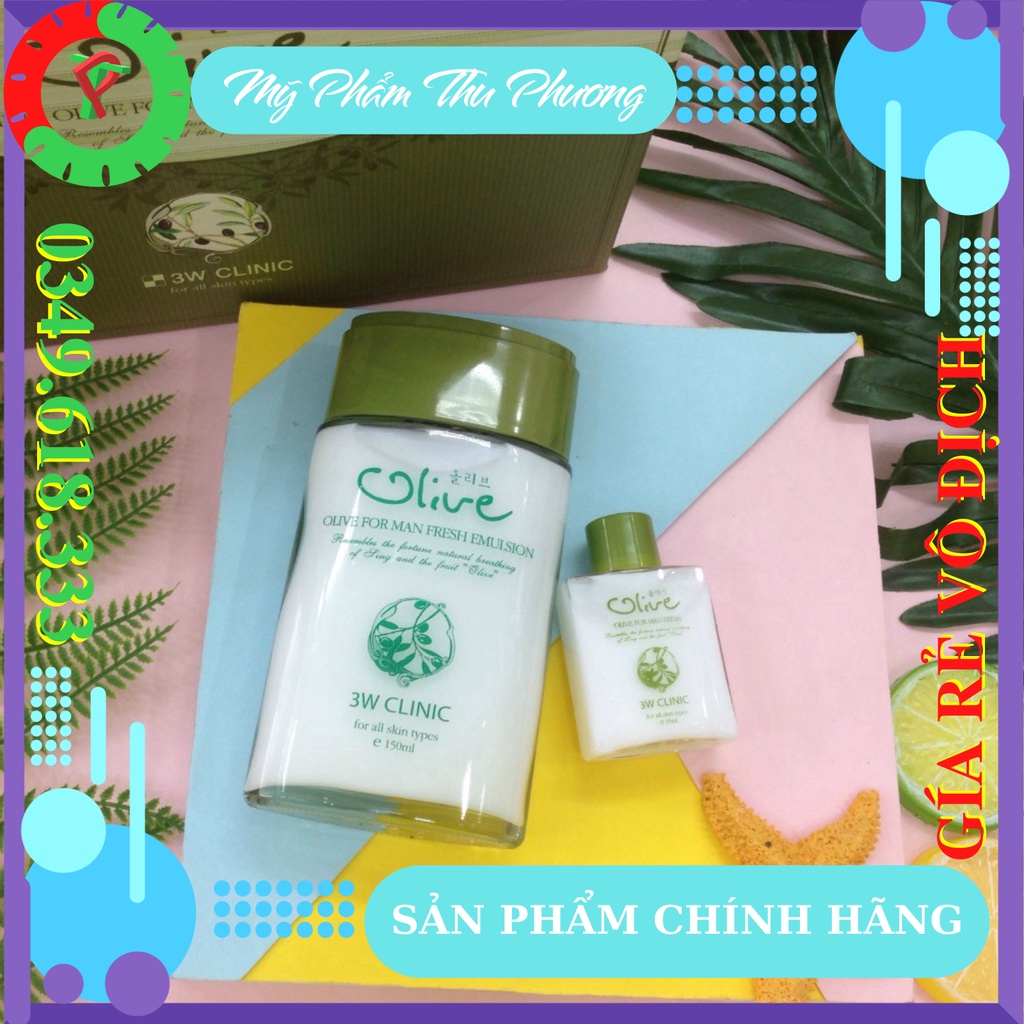 Bộ Mỹ Phẩm Chăm Sóc Da Mặt Cho Nam Giới Dưỡng Trắng và Ẩm Da 3W CLINIC OLIVE For Man Fresh 2 Items Set