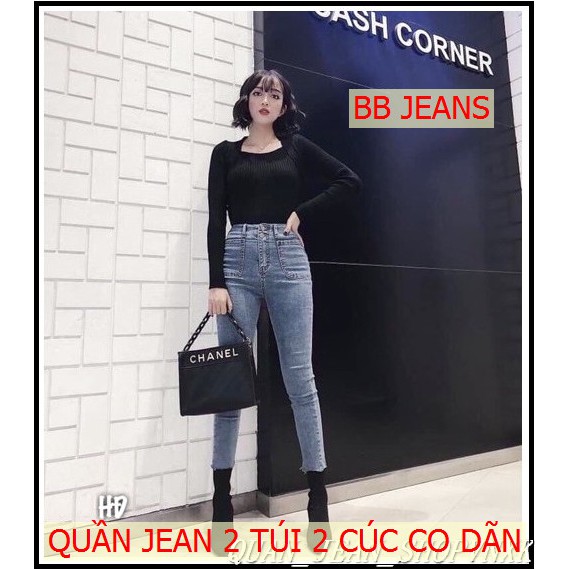 Quần Jean nữ lưng cao 2 cúc BB JEANS, Jeans bò trơn rách gấu siêu co dãn (ảnh thật)
