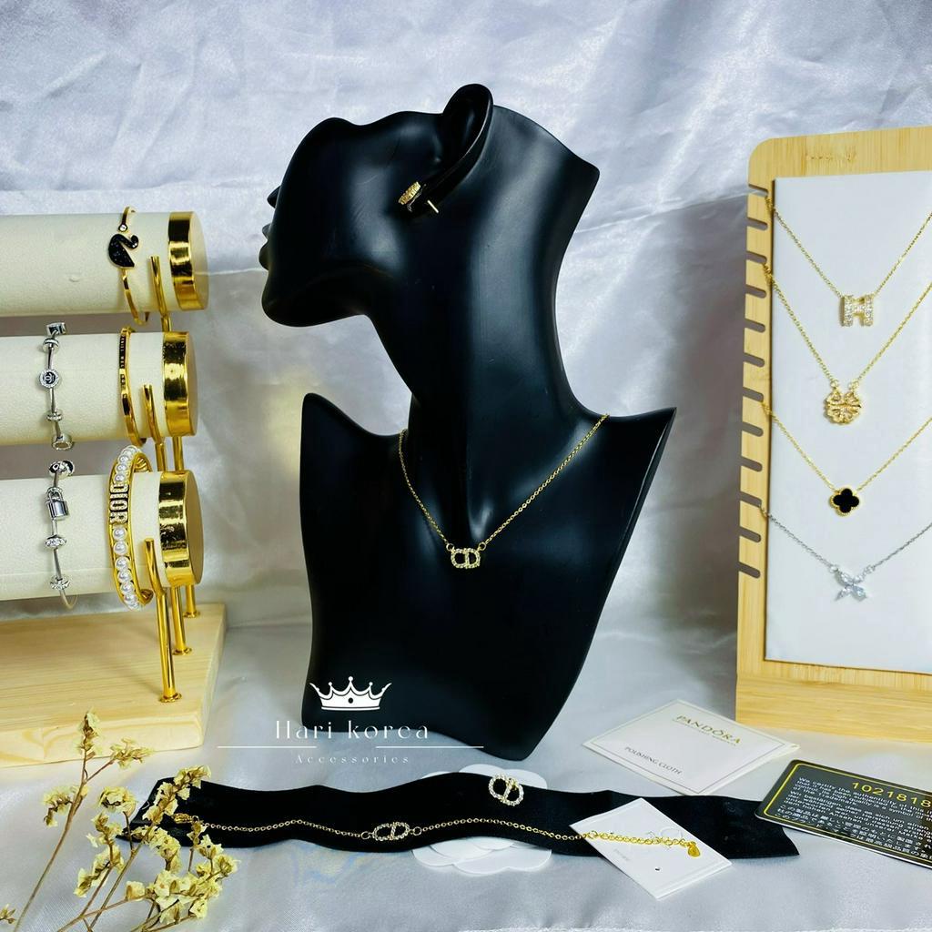 Sét trang sức Cd titan, Vòng cổ &amp; khuyên tai đính đá, phụ kiện trang sức nữ Hari korea accessories