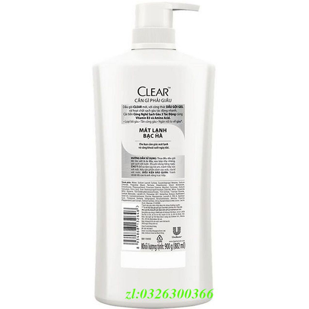 Dầu Gội Đầu 900G Clear Mát Lạnh Bạc Hà, Chính Hãng.