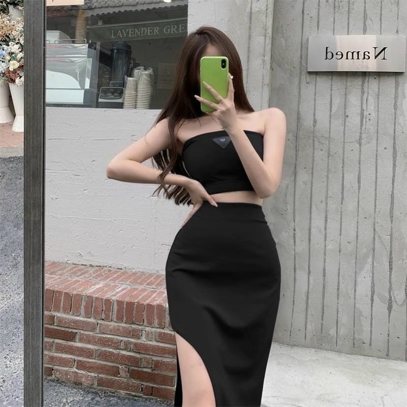 Sét bộ nữ 2 món áo ống thêu logo + chân váy xẻ đùi gợi cảm cá tính chất vải thun gân len 4 chiều Free Size