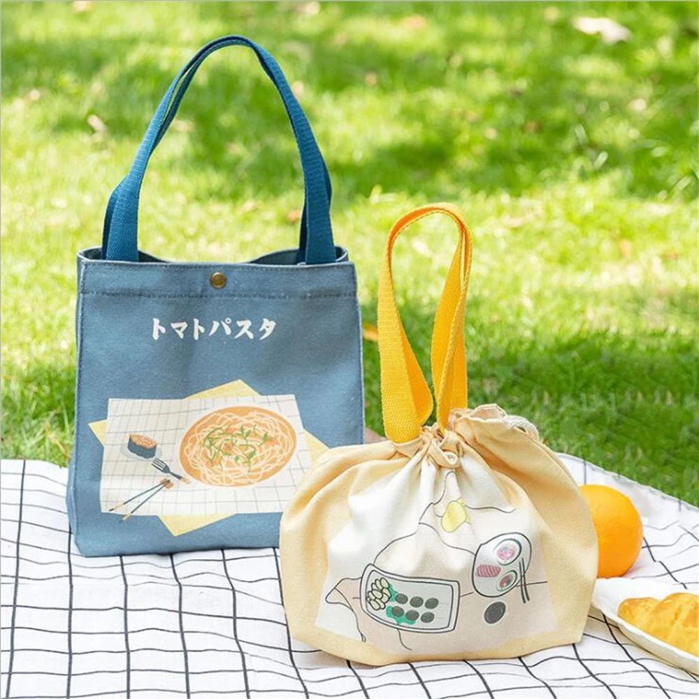 Túi Đựng Hộp Cơm Trưa Bằng Vải Canvas Có Dây Rút In Họa Tiết Hoạt Hình Phong Cách Nhật Bản Tiện Dụng Mang Theo Du Lịch / Dã Ngoại Cho Nữ