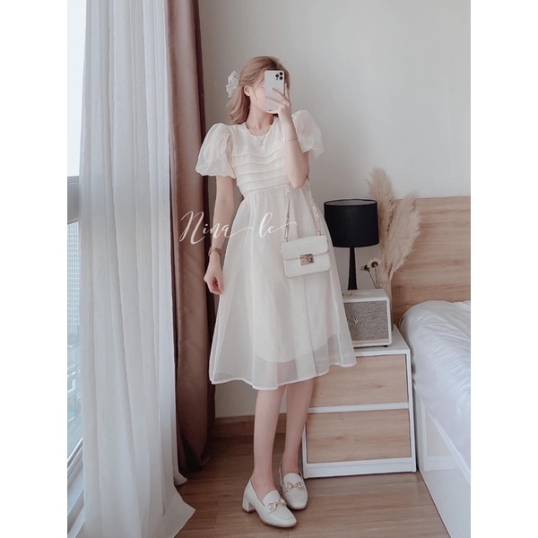 ĐẦM KEM XẾP NGỰC TAY BỒNG MIDI