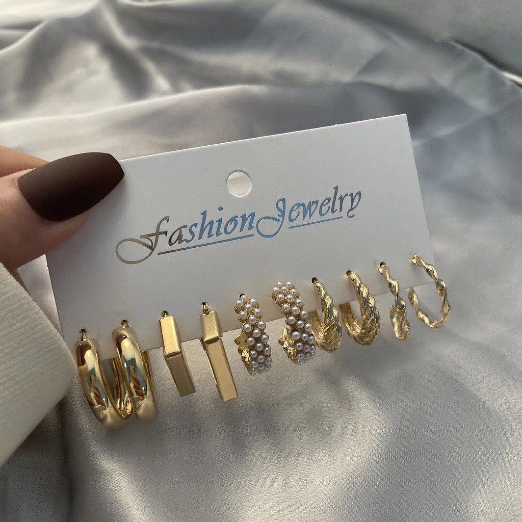 Set 5 Khuyên Tai Hình Học Đính Ngọc Trai Acrylic Đơn Giản Sáng Tạo
