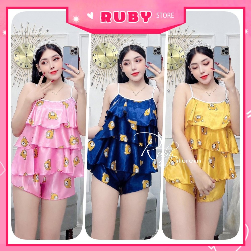 Đồ bộ ngủ sexy cho nữ mặc nhà chất phi bóng mềm mát in hình gấu hoạt hình dễ thương BPT417