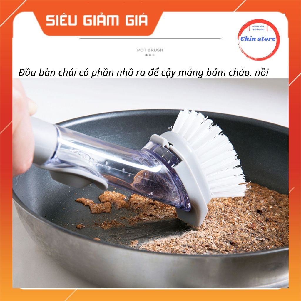 Bàn chải cọ rửa chén bát xoong nồi nhà bếp 2 in 1 tay cầm dài