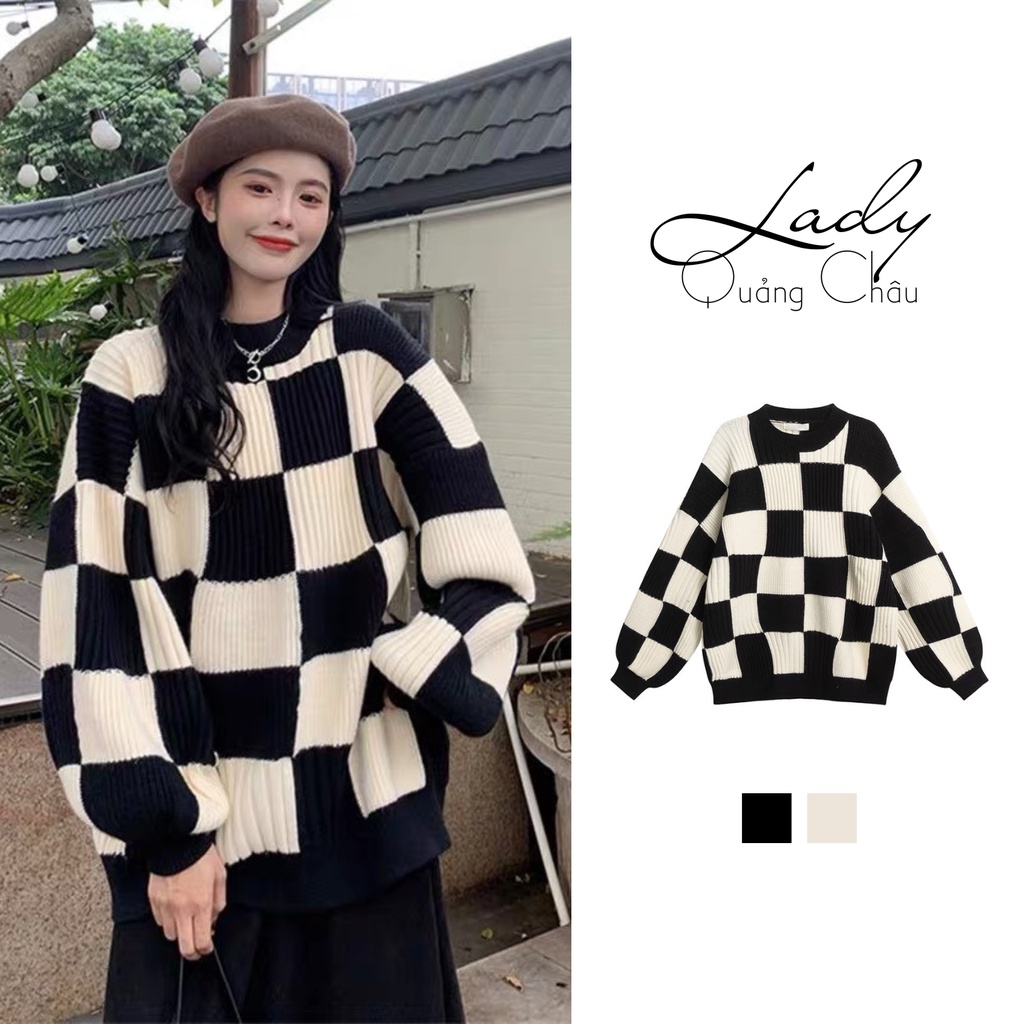 Áo len nữ form rộng dài tay dáng dài họa tiết kẻ caro to kiểu dáng ulzzang cổ tròn hàn quốc LADY QUẢNG CHÂU