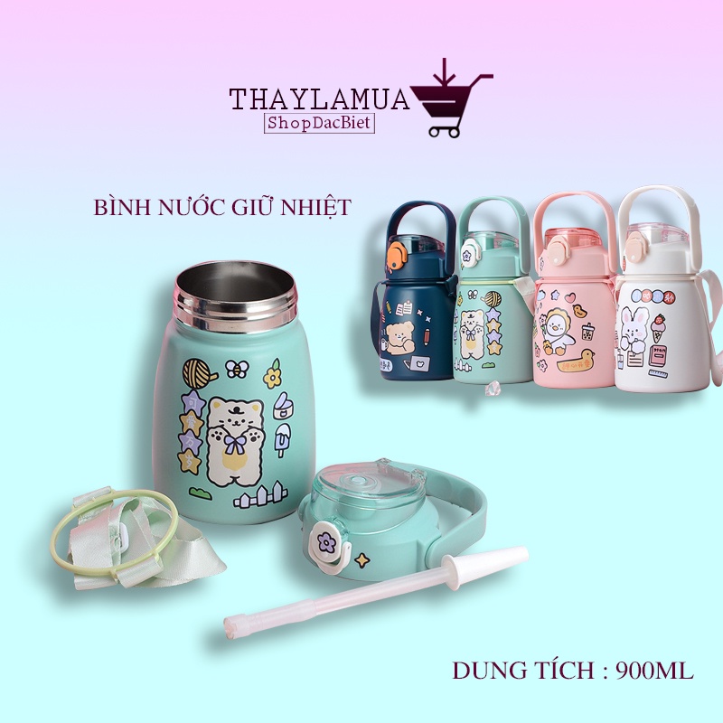 Bình nước giữ nhiệt 900ml có ống hút trang trí rất cute (B9002)