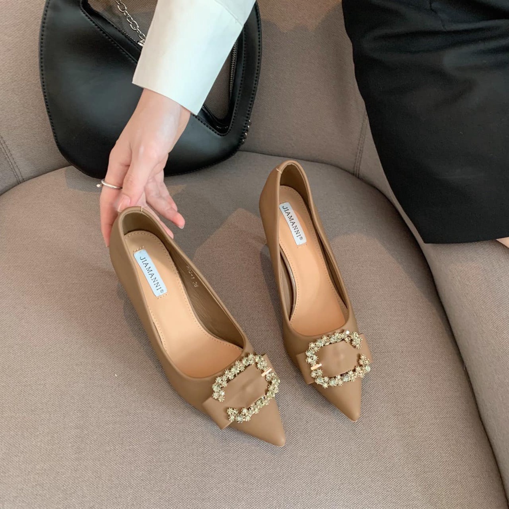Giày Cao Gót Nữ Jiamanni Màu Nâu Tây Mũi Nhọn Gót 7cm
