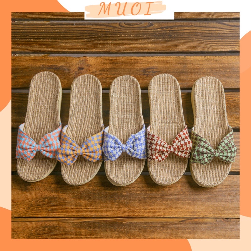 Dép cói nữ đế cao dép cói nữ xuồng 4f họa tiết nơ caro dễ thương thích hợp đi biển dạo phố cực mềm thoải mái DC04 MUOI