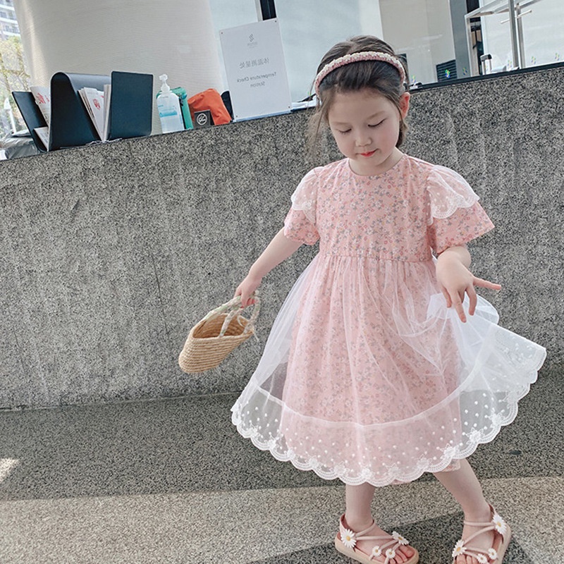 Đầm Cotton Phối Lưới In Hoa Xinh Xắn Cho Bé Gái Màu Vàng/Hồng