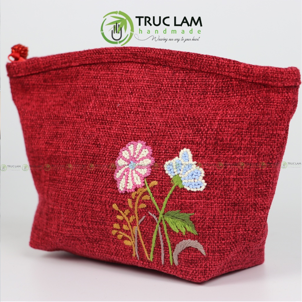 Ví Cầm Tay Nữ Vải Gai Họa Tiết Hoa Cỏ Sa Hạt Thêu Tay 2 Mặt - Trúc Lâm Handmade