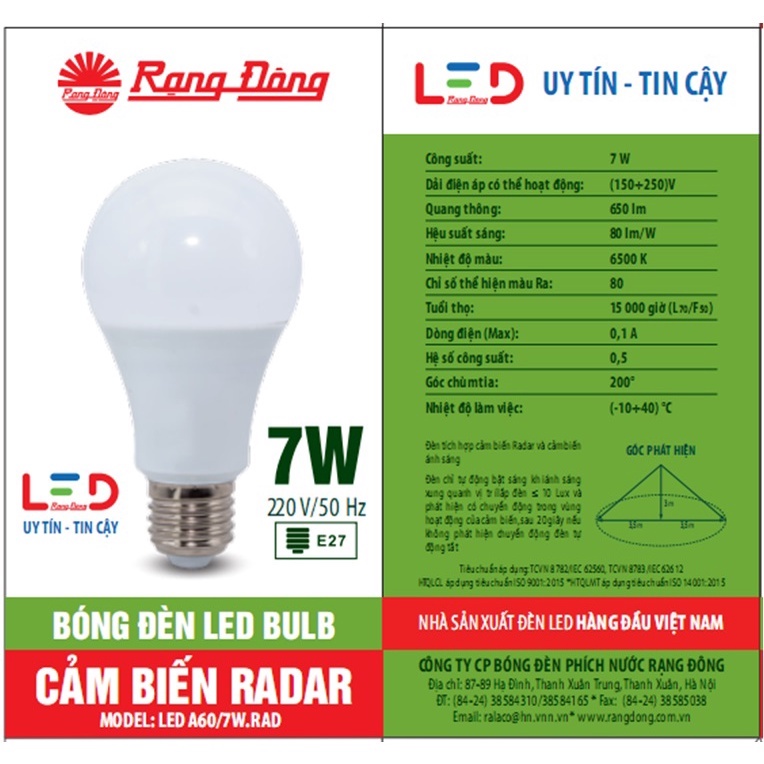 Đèn LED Bulb cảm biến radar 7W/9W Rạng Đông