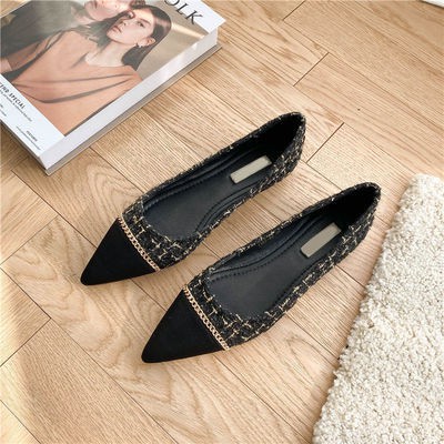 2021 new spring and autumn Korean style woolen cloth pointed small fragrant wind flat shallow shallow mouth flat heels 