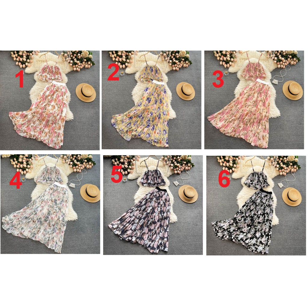 Váy Maxi Đi Biển Set Váy Hai Dây Voan Hoa Cho Mùa Hè 2022