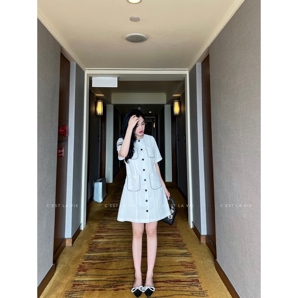 Váy tweed cúc bọc viền túi C'est la vie